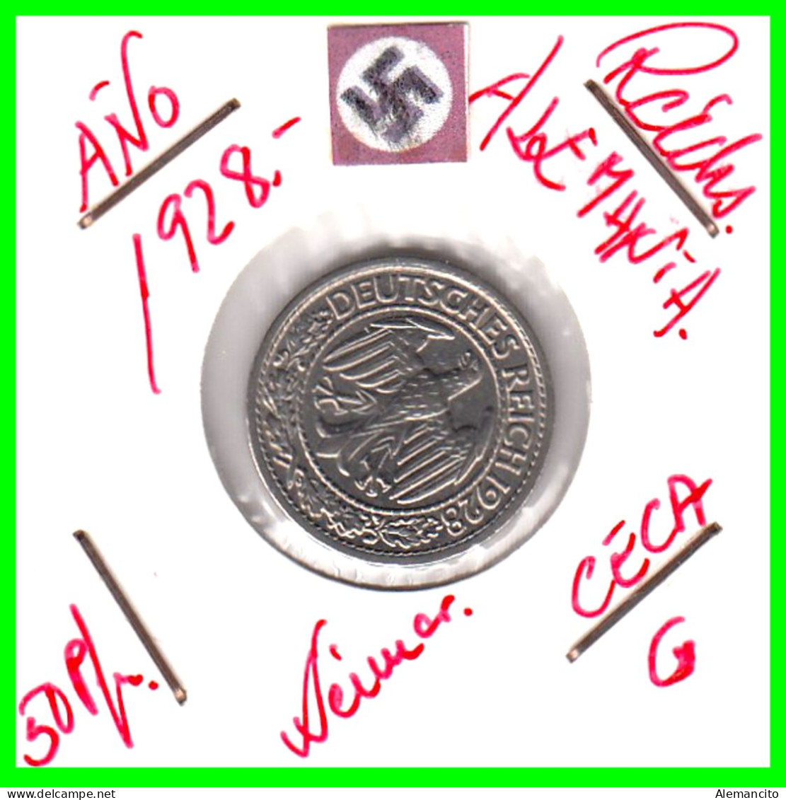GERMANY REPÚBLICA DE WEIMAR 50 REICHSPFENNIG ( 1928 CECA - G )  (REICHSPFENNIG KM # 40 - 50 Renten- & 50 Reichspfennig