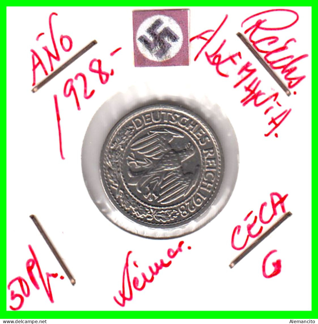 GERMANY REPÚBLICA DE WEIMAR 50 REICHSPFENNIG ( 1928 CECA - G )  (REICHSPFENNIG KM # 40 - 50 Rentenpfennig & 50 Reichspfennig