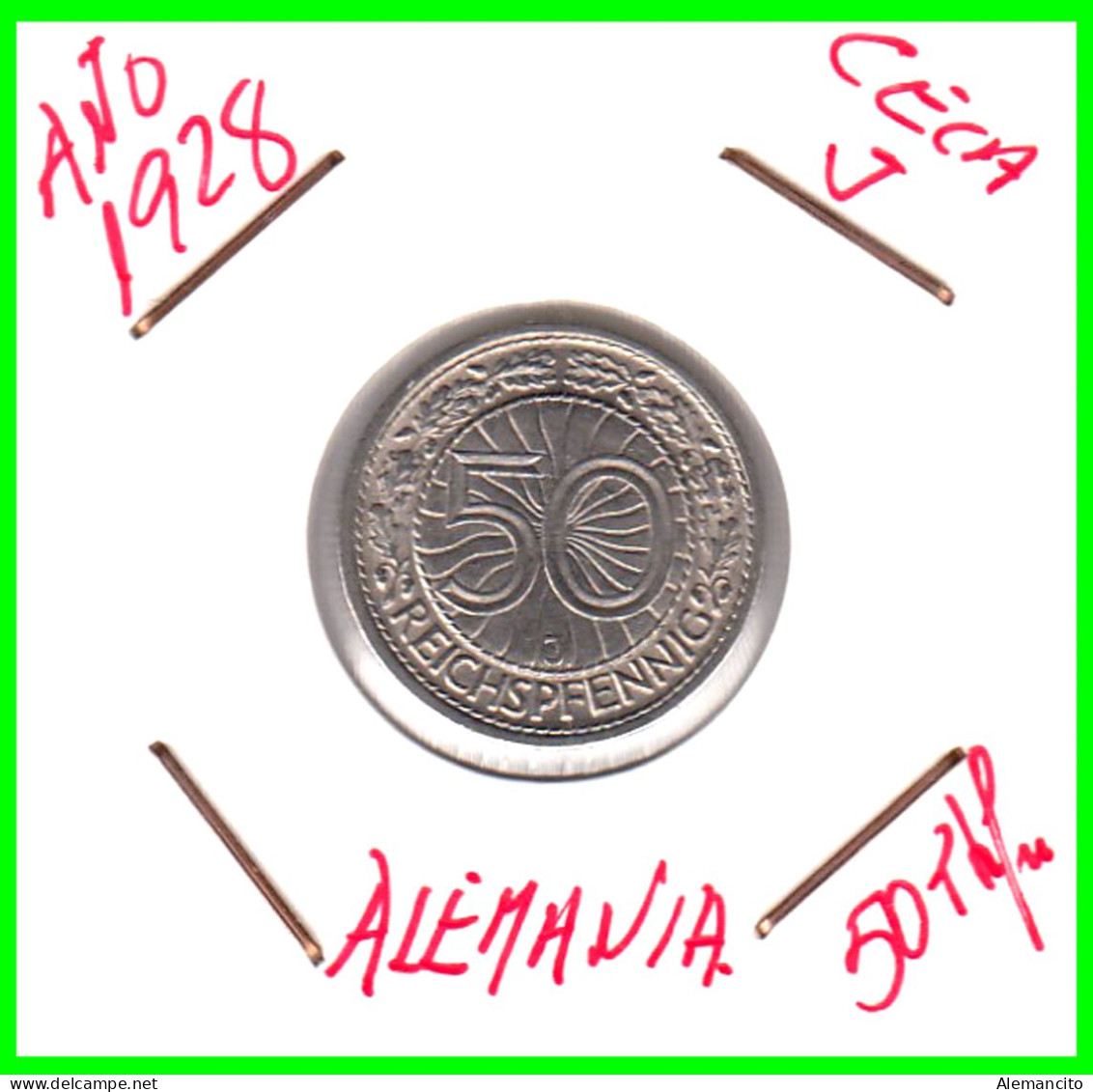 GERMANY REPÚBLICA DE WEIMAR 50 REICHSPFENNIG ( 1928 CECA - J )  (REICHSPFENNIG KM # 40 - 50 Rentenpfennig & 50 Reichspfennig