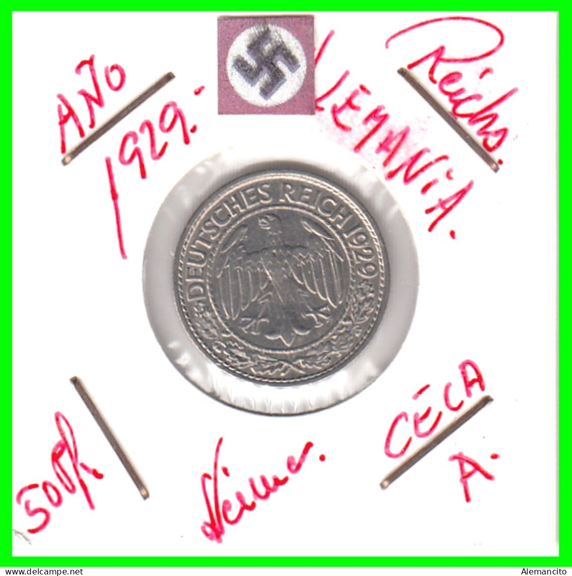 GERMANY REPÚBLICA DE WEIMAR 50 REICHSPFENNIG ( 1929 CECA - A )  (REICHSPFENNIG KM # 40 - 50 Rentenpfennig & 50 Reichspfennig