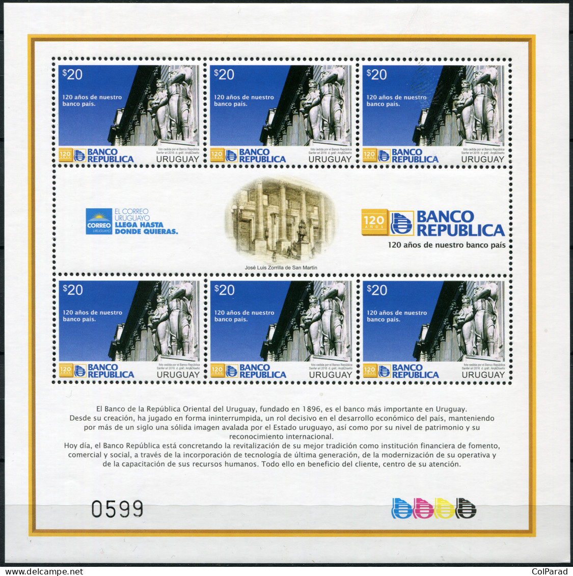 URUGUAY - 2016 - M/S MNH ** - 120 Years Of The Bank Of Our Country - BROU - Uruguay