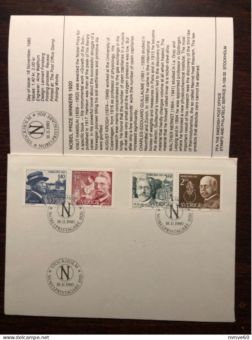 SWEDEN FDC COVER 1980 YEAR NOBEL PRIZE  HEALTH MEDICINE STAMPS - FDC