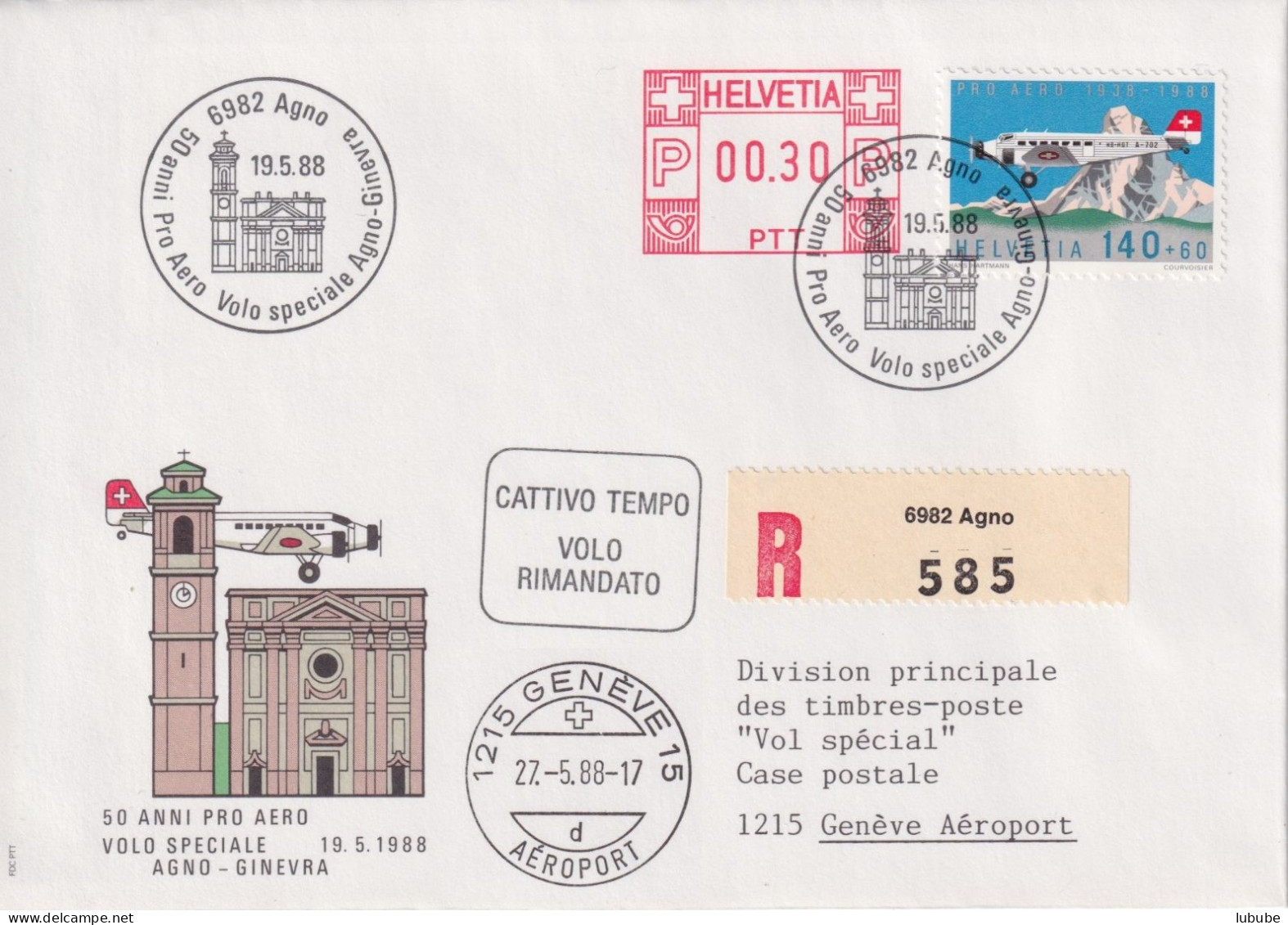 Sonderflug  "50 Anni Pro Aero Agno - Ginevra"        1988 - Storia Postale