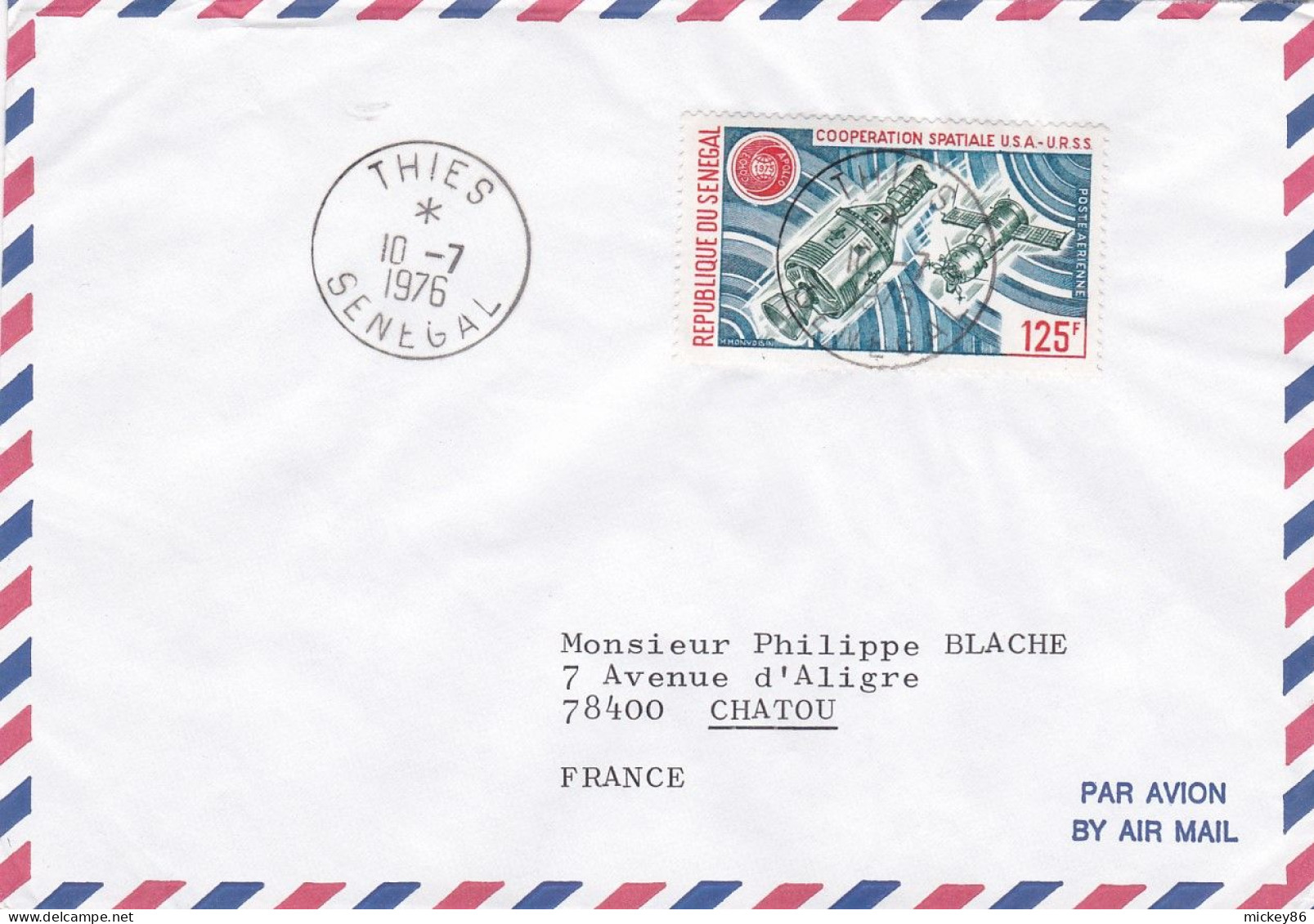 SENEGAL-1976--lettre THIES Pour CHATOU-78 (France),.timbre"coopération Spatiale USA-URSS"seul Sur Lettre  ..cachet - Senegal (1960-...)