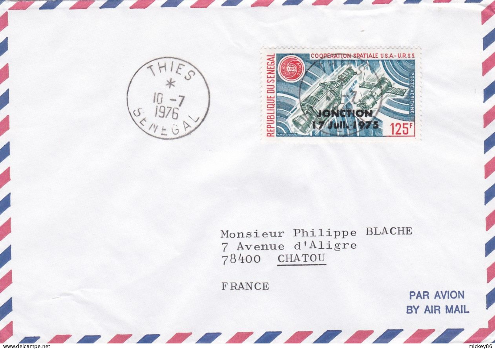 SENEGAL-1976--lettre THIES Pour CHATOU-78 (France),.timbre"coopération Spatiale USA-URSS"surchargé  Lettre .cachet - Senegal (1960-...)