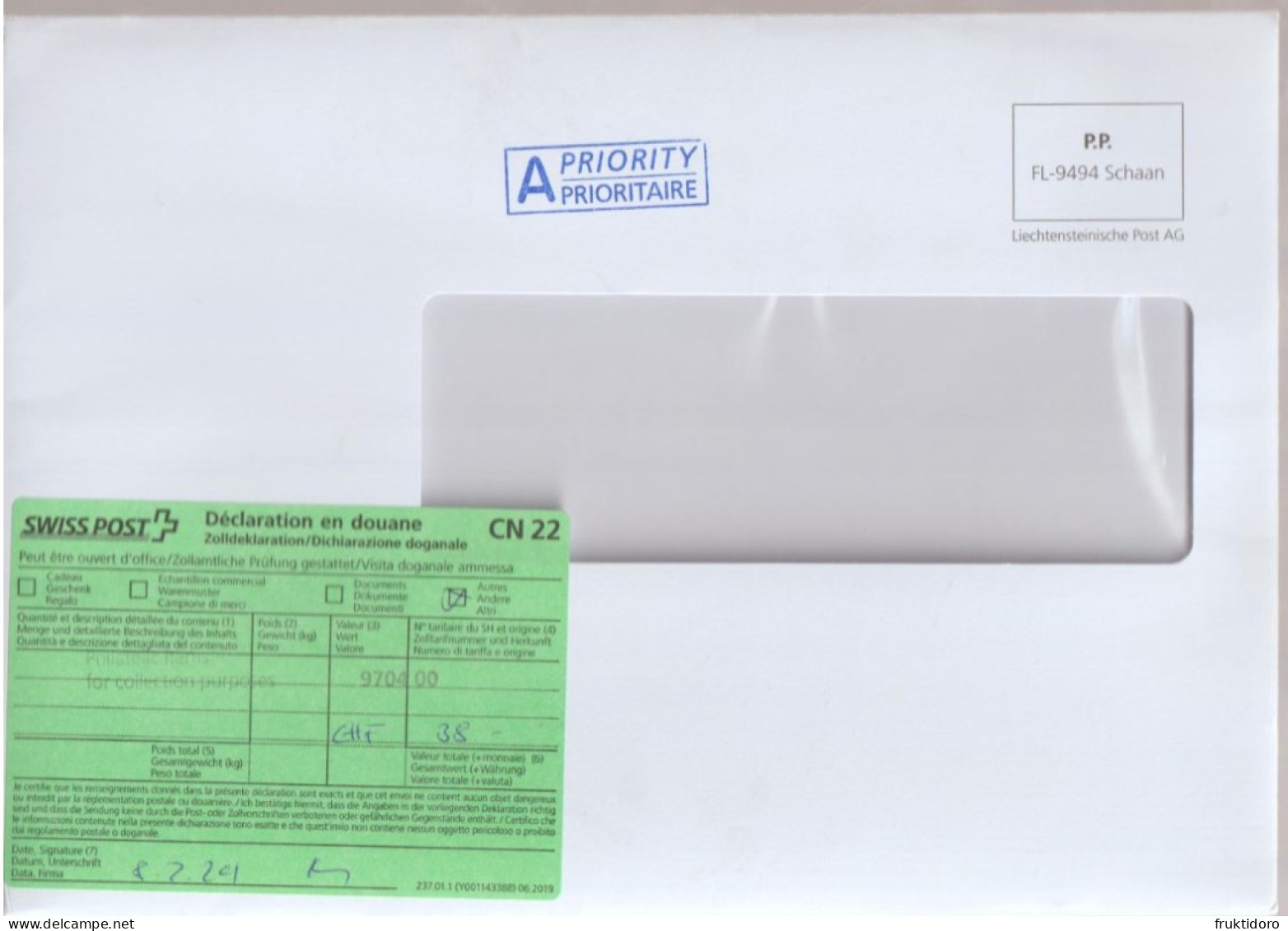 Liechtenstein Envelopes Port Payé - Liechtensteinische Post AG - Customs Declaration 2024 - Verzamelingen