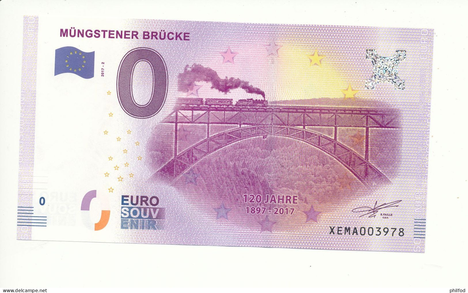 Billet Souvenir - 0 Euro - XEMA - 2017-2 - MÜNGSTENER BRÜCKE 120 JAHRE 1897-2017 - N° 3978 - Billet épuisé - Mezclas - Billetes