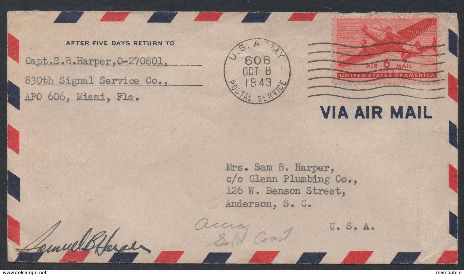 GOLD COAST - ACCRA -WWII / 1943 USA - APO 606 COVER ==> USA. (ref 3412) - Goldküste (...-1957)