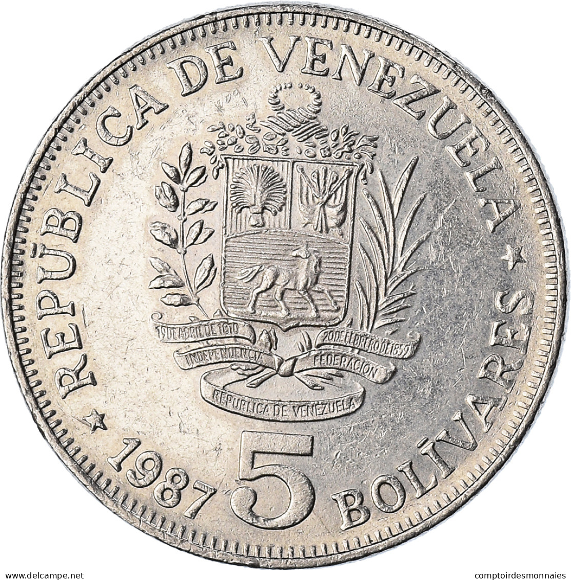 Monnaie, Venezuela, 5 Bolivares, 1987, TTB+, Nickel, KM:53.2 - Venezuela