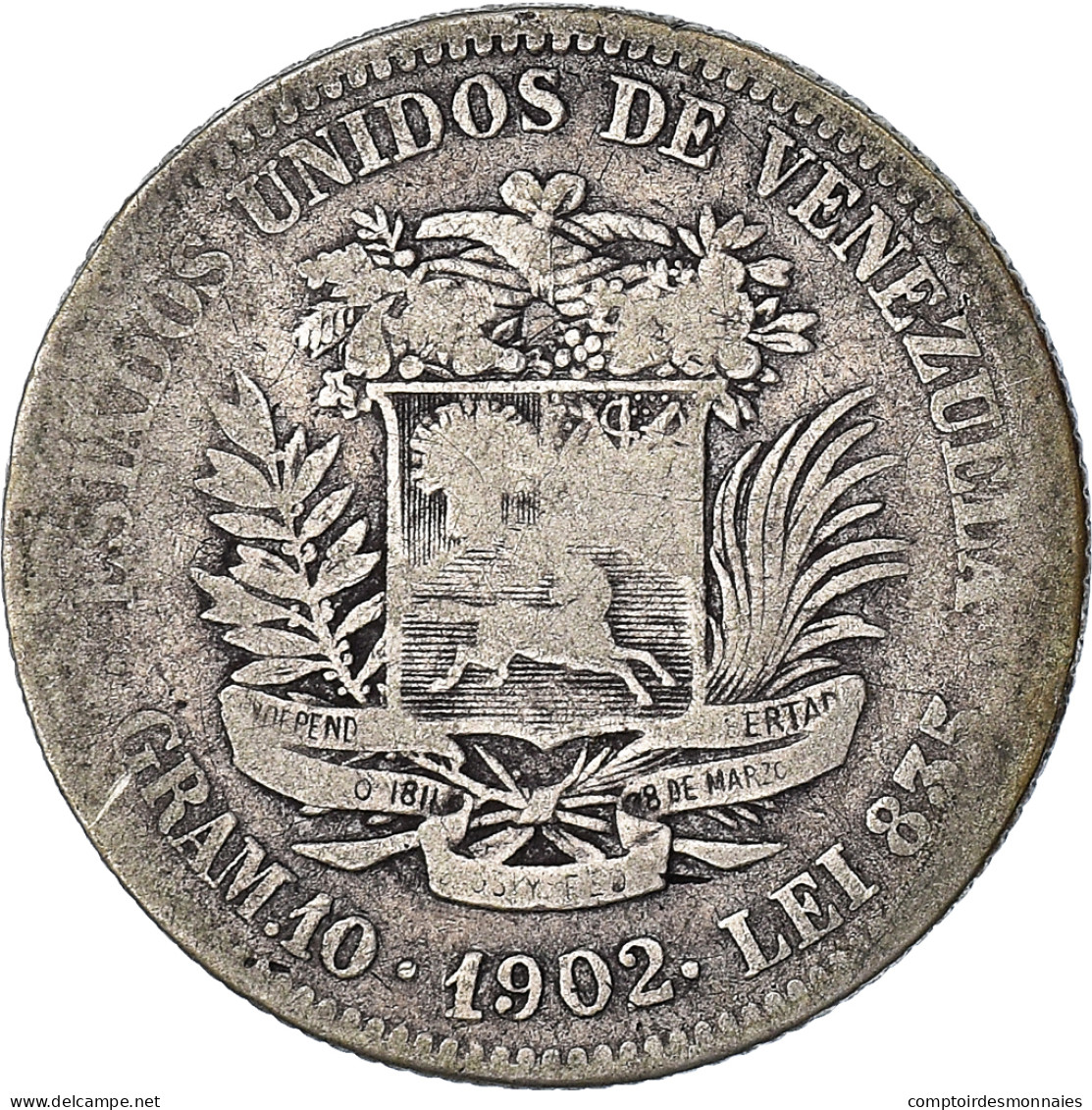 Monnaie, Venezuela, Gram 10, 2 Bolivares, 1902, TB, Argent, KM:23 - Venezuela