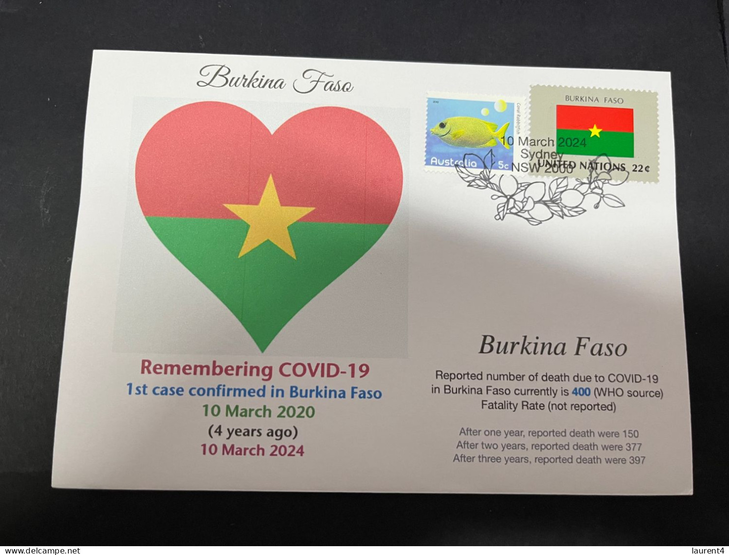 10-3-2024 (2 Y 37) COVID-19 4th Anniversary - Burkina Faso - 10 March 2024 (with Burkina Faso UN Flag Stamp) - Malattie