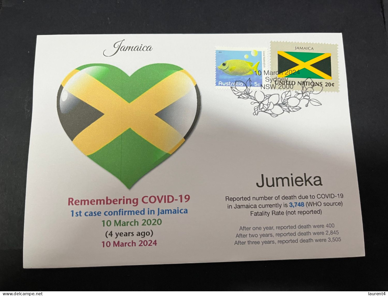 10-3-2024 (2 Y 37) COVID-19 4th Anniversary - Jamaica - 10 March 2024 (with Jamaica UN Flag Stamp) - Malattie