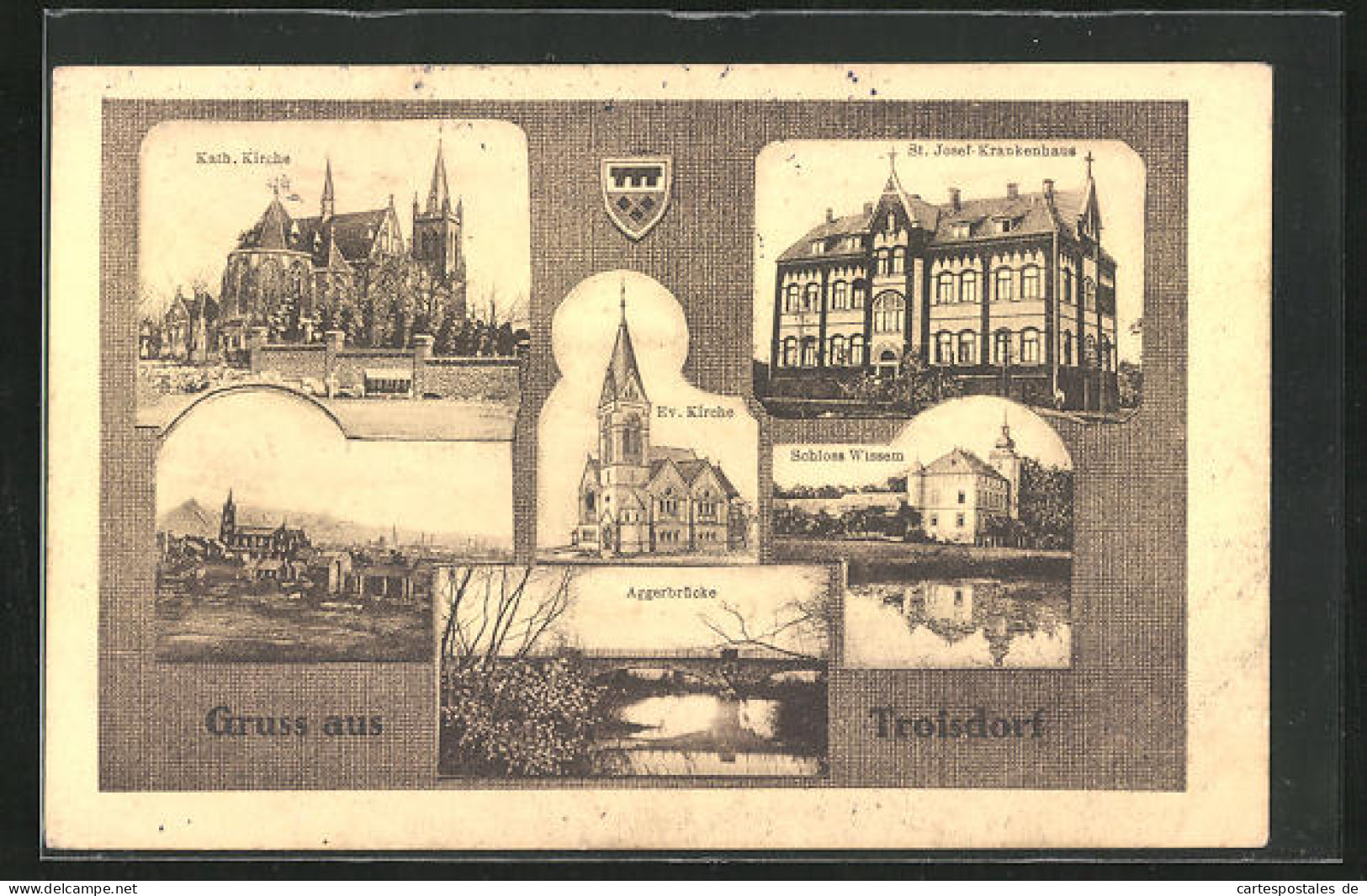 AK Troisdorf, Aggerbrücke, Schloss Wissem, Ev. Kirche  - Troisdorf