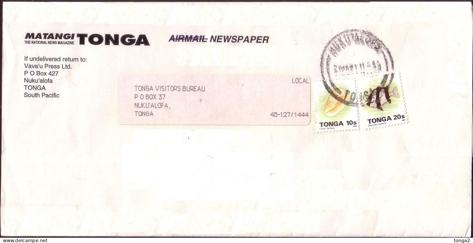 Tonga Marine Life Cover Wrapper - Usage 1995  10c Shell  20c Fish - 30s Pays Newspaper Rate - Tonga (1970-...)