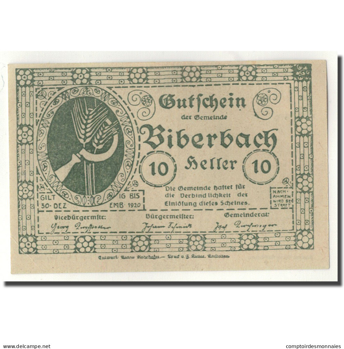 Billet, Autriche, Biberbach, 10 Heller, Paysage, SPL, Mehl:86 IIc - Austria