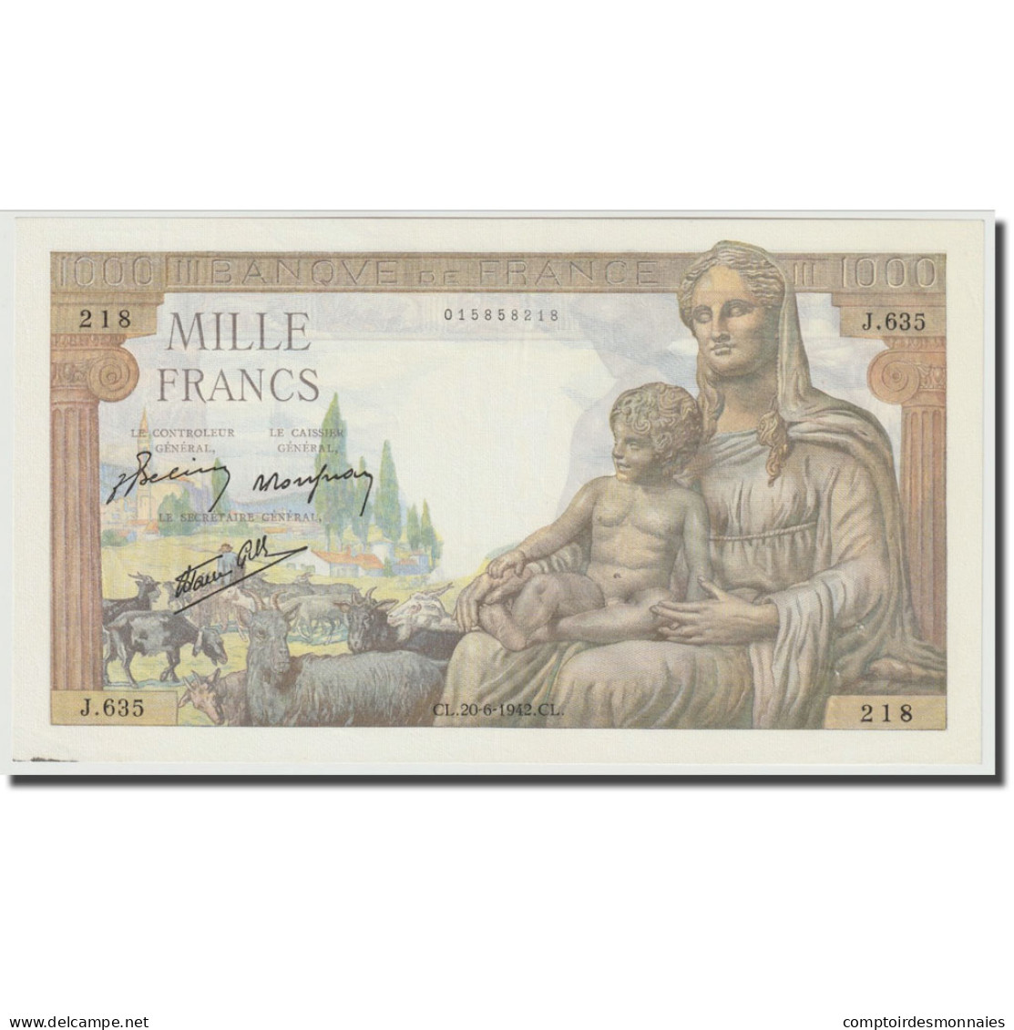 France, 1000 Francs, Déesse Déméter, 1942, 1942-06-20, SPL+, Fayette:40.3 - 1 000 F 1942-1943 ''Déesse Déméter''