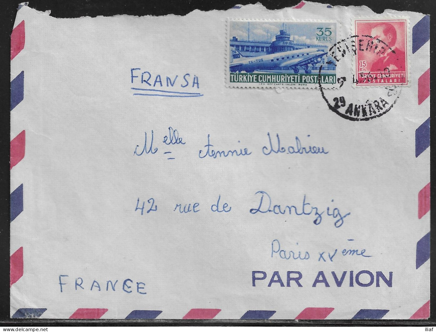 Turkey. Stamp Sc. 1141, C23 On Air Mail Letter, Sent From Ankara At 5.04.1956 To France. - Autres & Non Classés