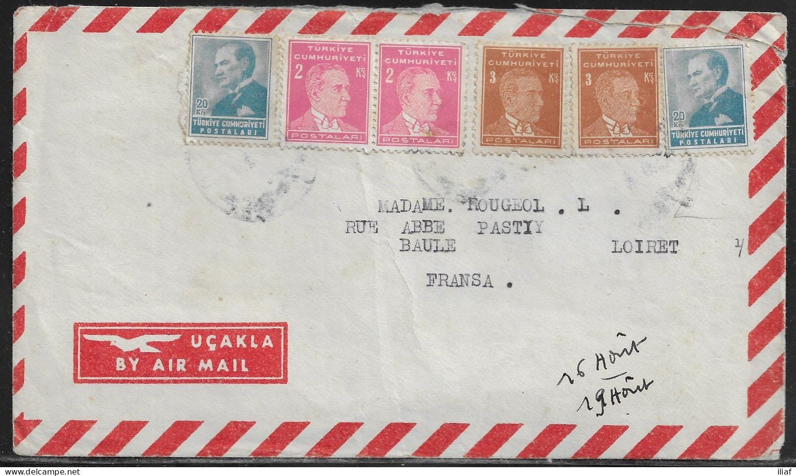 Turkey. Stamp Sc. 1119-1120, 1142 On Air Mail Letter With Content, Sent From Diyarbakir At 19.08.1955 To France. - Autres & Non Classés