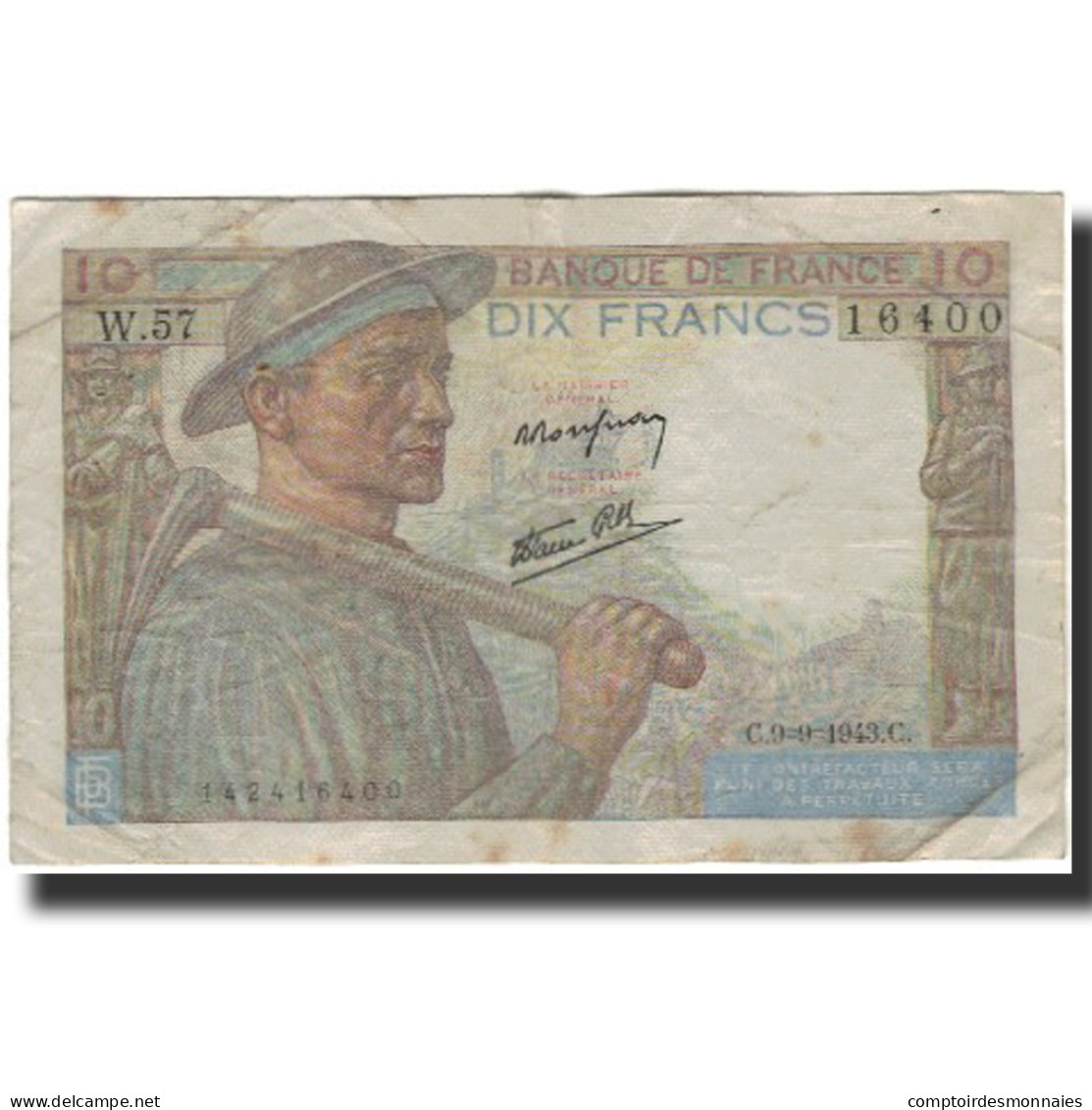 France, 10 Francs, Mineur, 1943-09-09, TB, Fayette:8.9, KM:99d - 10 F 1941-1949 ''Mineur''