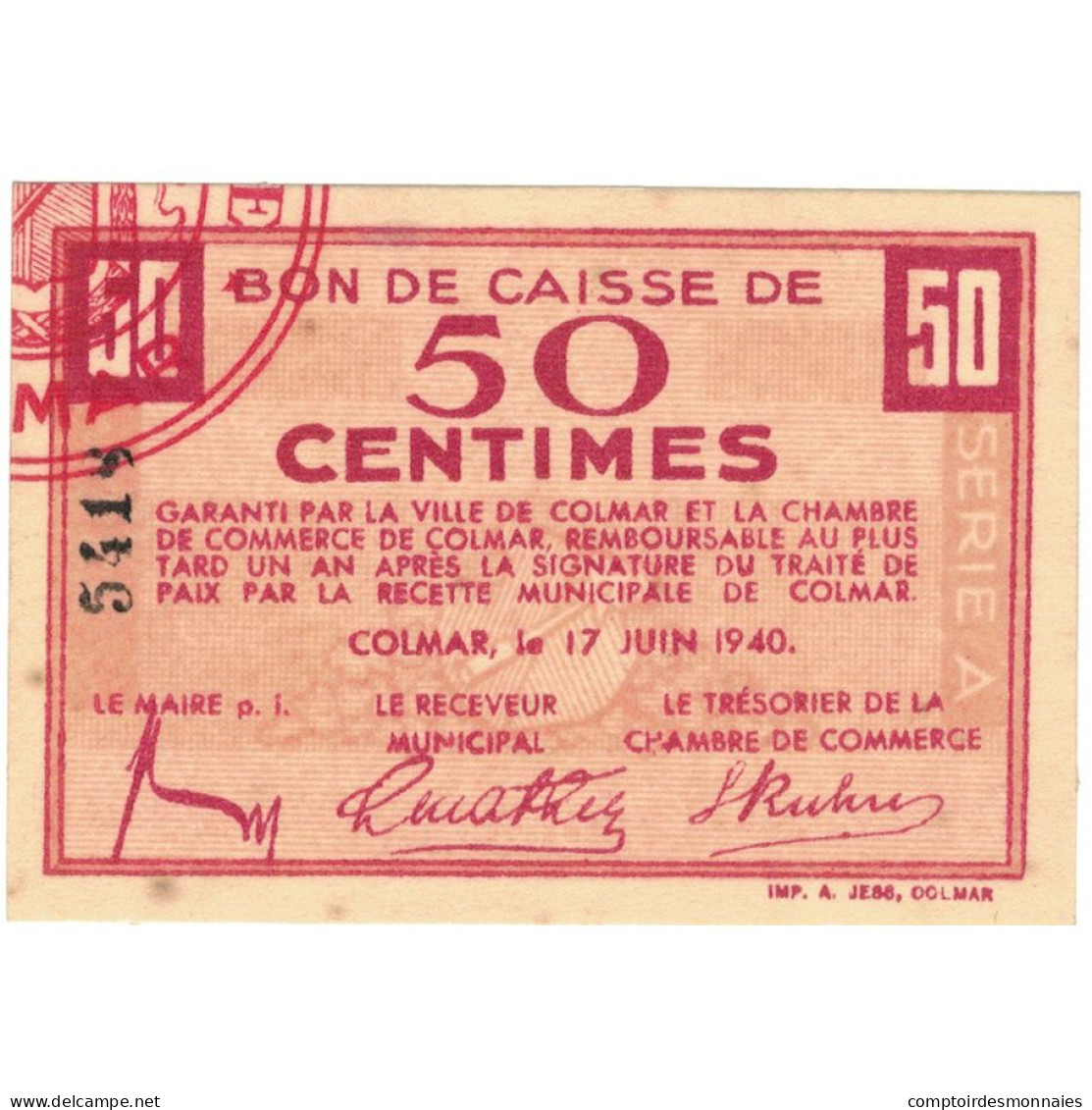 France, Colmar, 50 Centimes, 1940, SUP - Cámara De Comercio