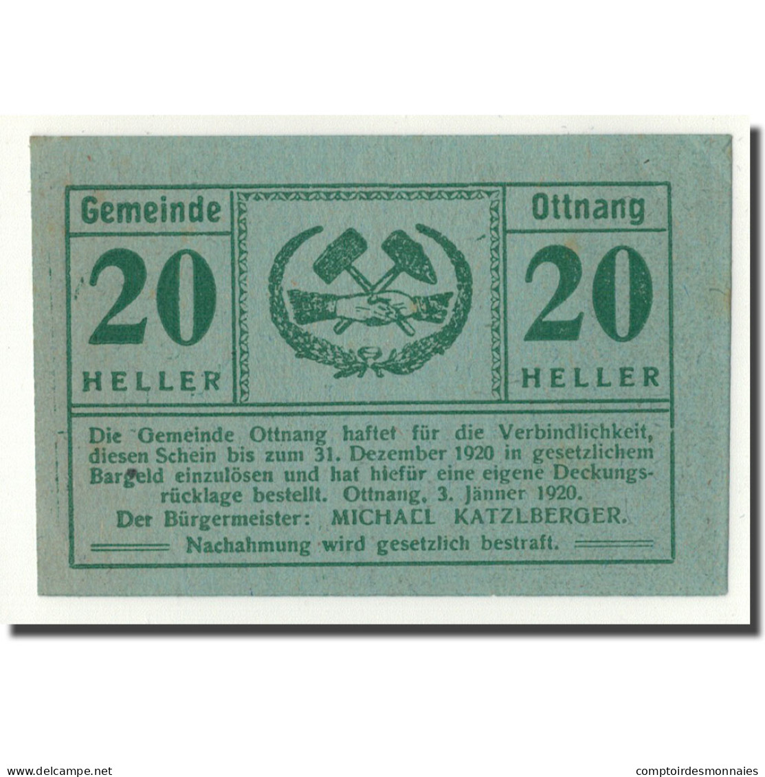 Billet, Autriche, Ottnang, 20 Heller, Mains, 1920, 1920-01-03, SPL, Mehl:718 - Austria