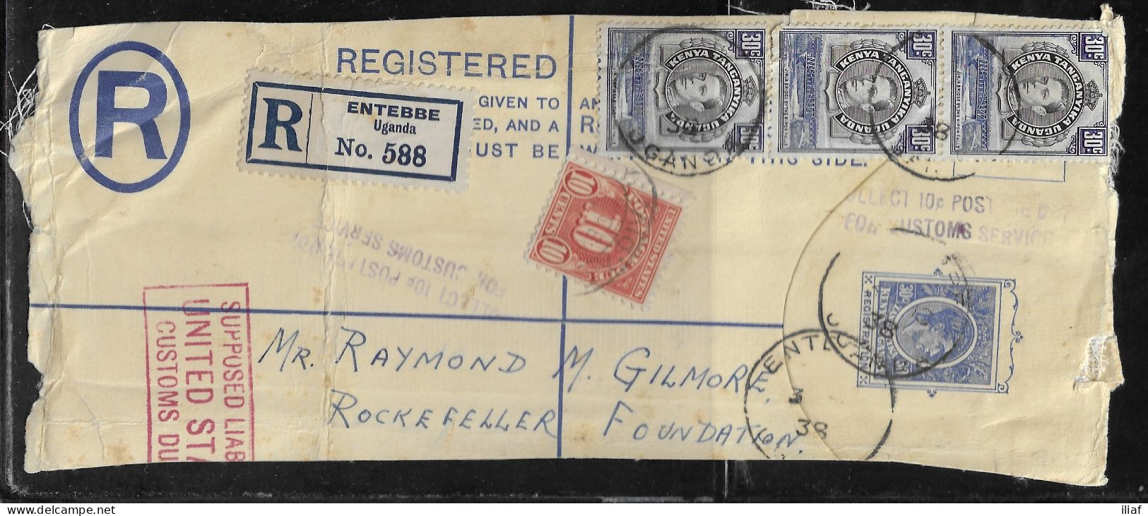 British East Africa (Kenya, Uganda And Tanganyika). Stamp Sc. EA76b And USJ84a On Fragment Of Air Mail Registered Letter - Afrique Orientale Britannique