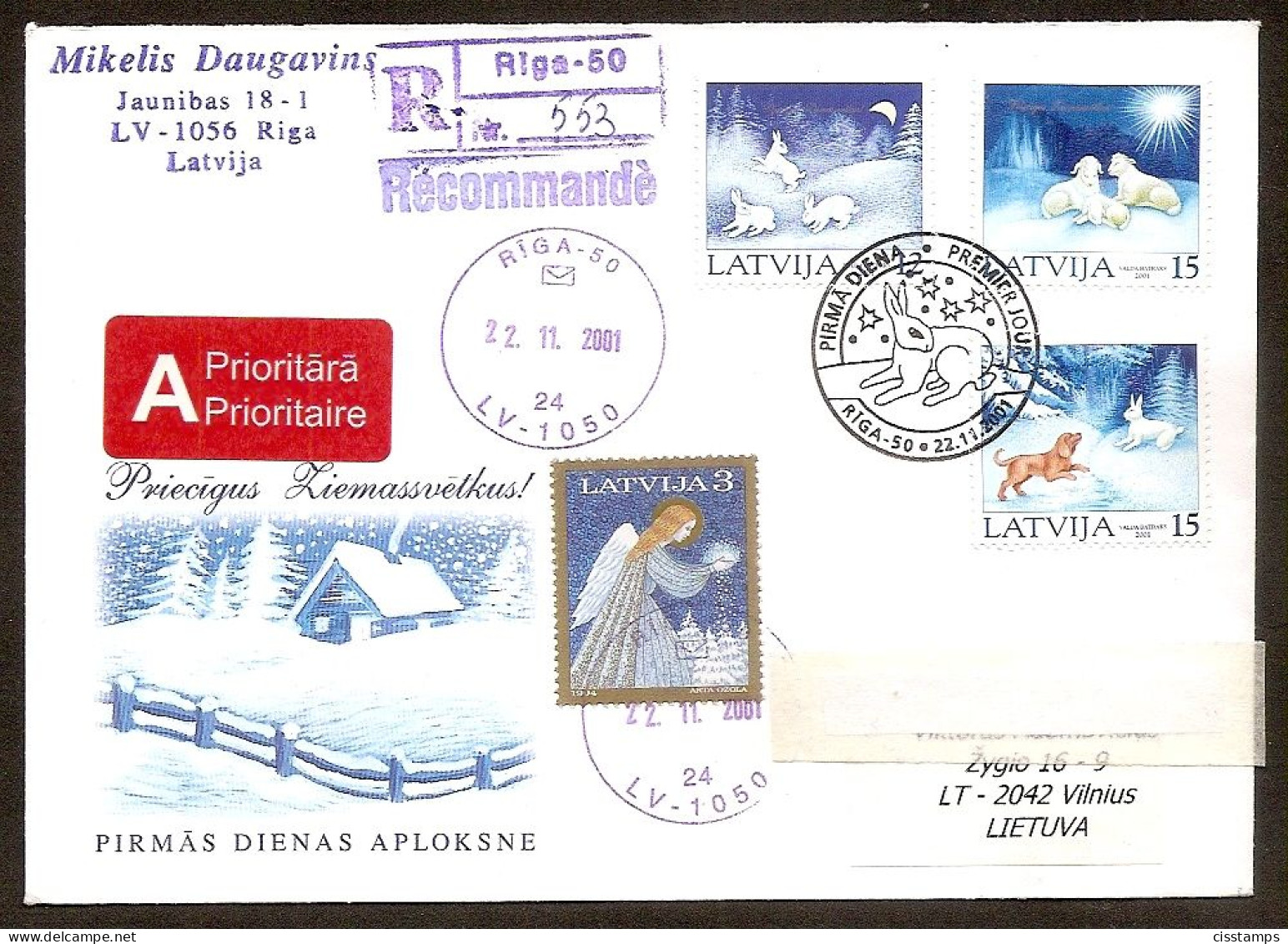 LATVIA 2001●Christmas Stamps●FDC●R-Cover - Lettland