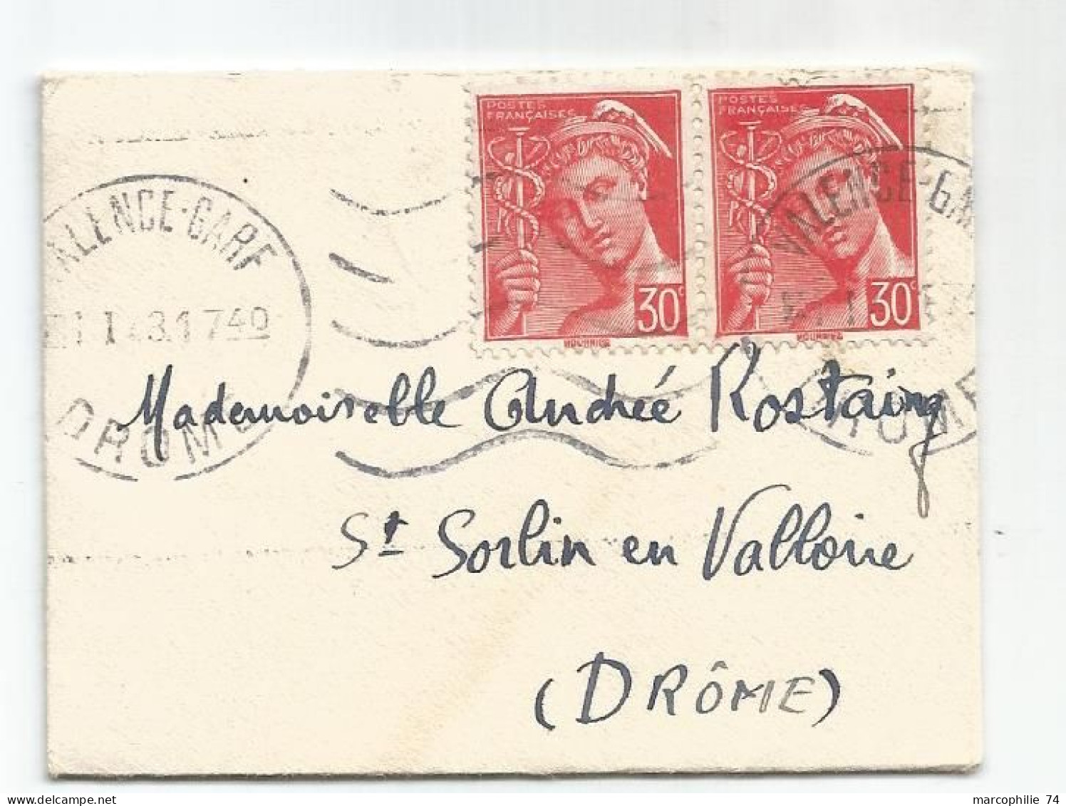 FRANCE MERCURE 30C POSTES PAIRE MIGNONNETTE MEC VALENCE GARE 1943 AU TARIF - 1938-42 Mercurius