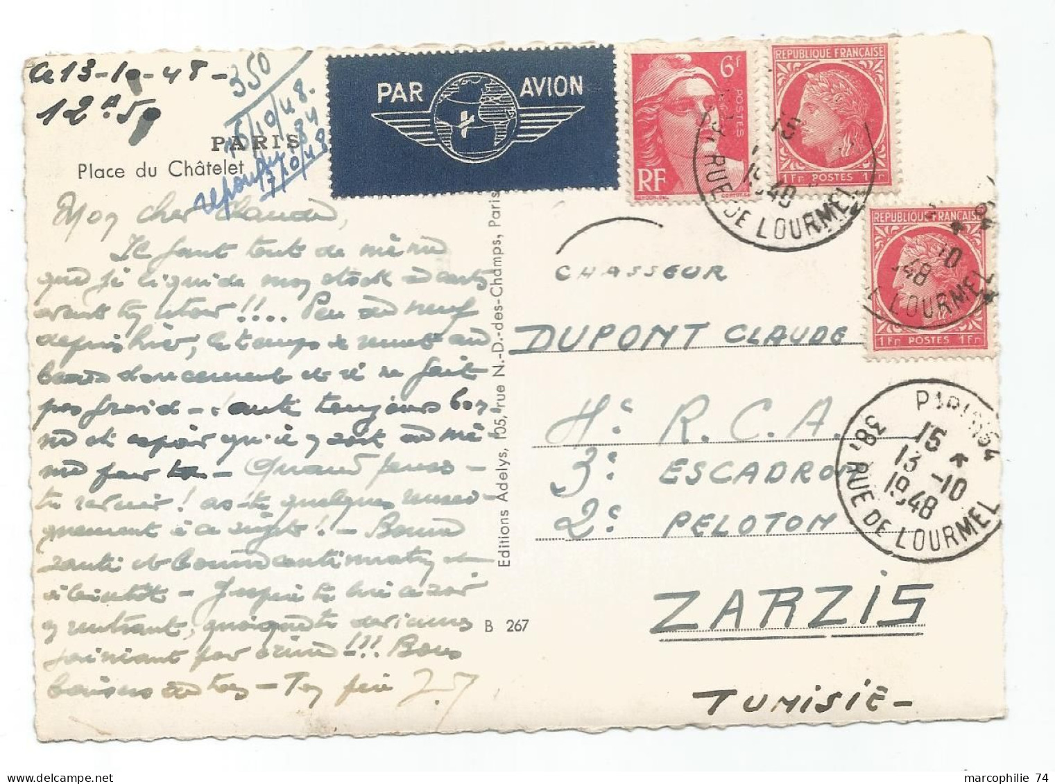 FRANCE MAZLIN 1FRX2+6FR GANDON CARTE AVION PARIS 13.10.1948 POUR ZARZIS TUNISIE AU TARIF - 1945-47 Cérès De Mazelin