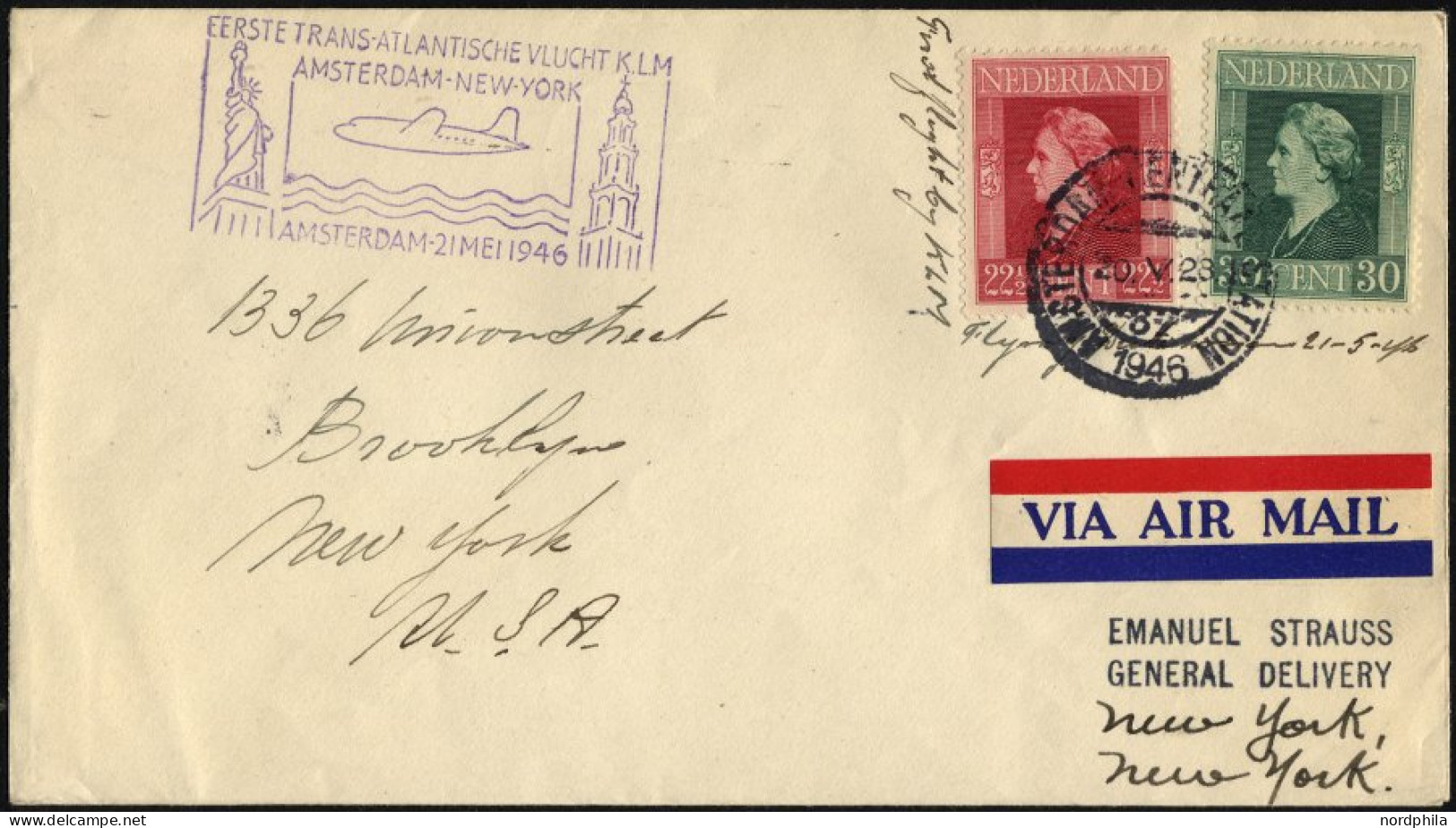NIEDERLANDE 21.5.1946, Erstflug Der KLM AMSTERDAM-NEW YORK, Feinst, Müller 325 - Poste Aérienne
