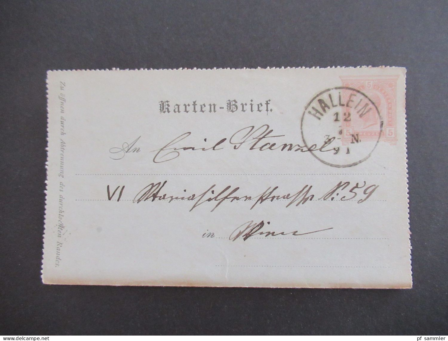 Österreich 1891 Kartenbrief 5 Kreuzer Stempel K1 Hallein Nach Wien Mariahilf Mit Ank. Stempel - Cartes-lettres