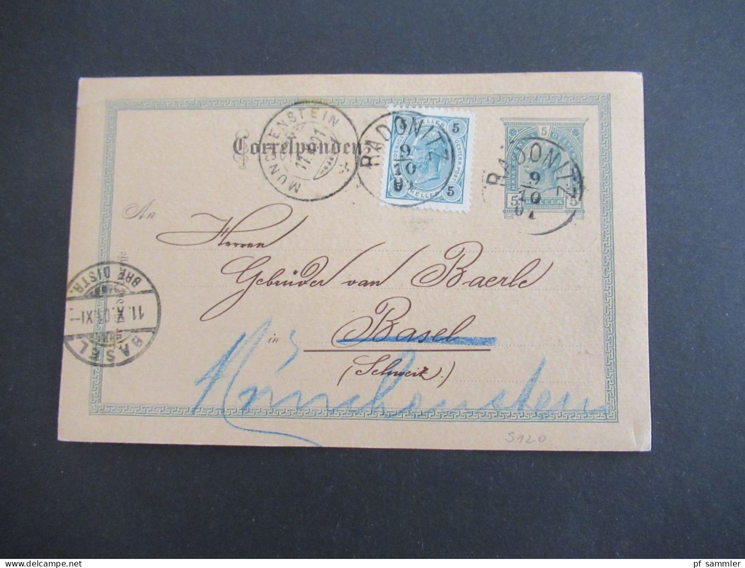 Österreich / Tschechien 1901 GA 5 Heller Mit Zusatzfrankatur K1 Radonitz Heute  Radonice U Kadaně - Basel Weitergeleitet - Cartes Postales