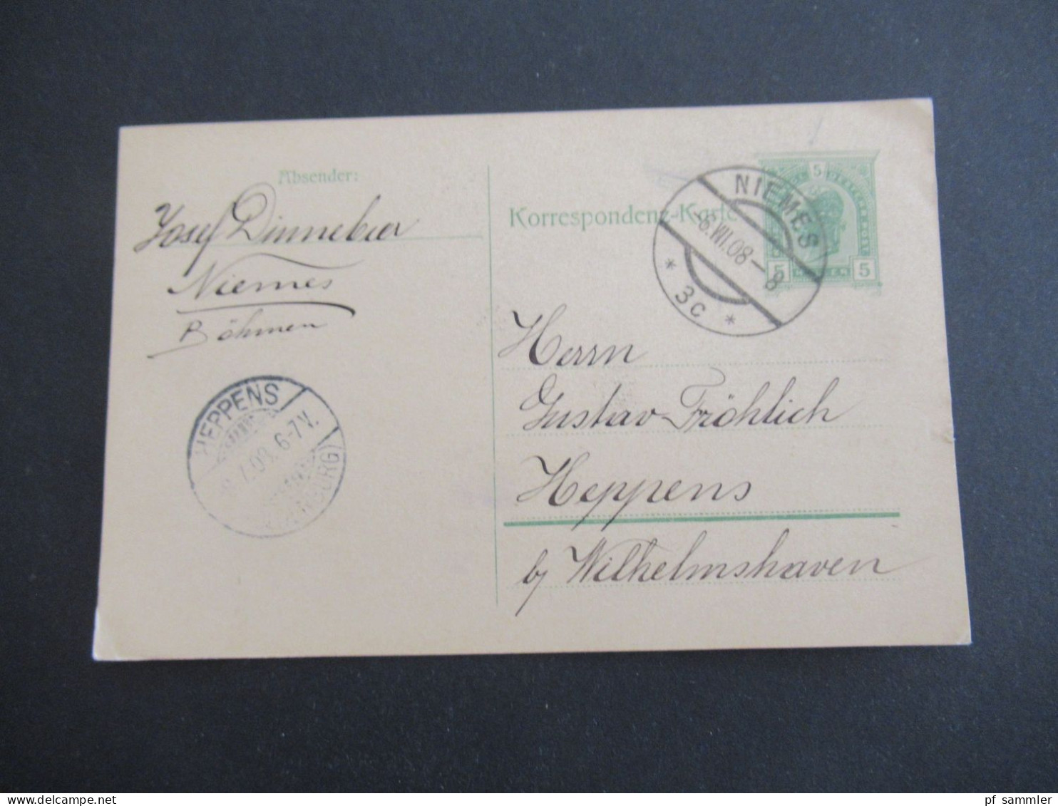 Österreich / Tschechien 1908 Ganzsache 5 Heller Stempel Niemes Heute Mimoň Nach Heppens Bei Wilhelmshaven Mit Ank. Stemp - Briefkaarten