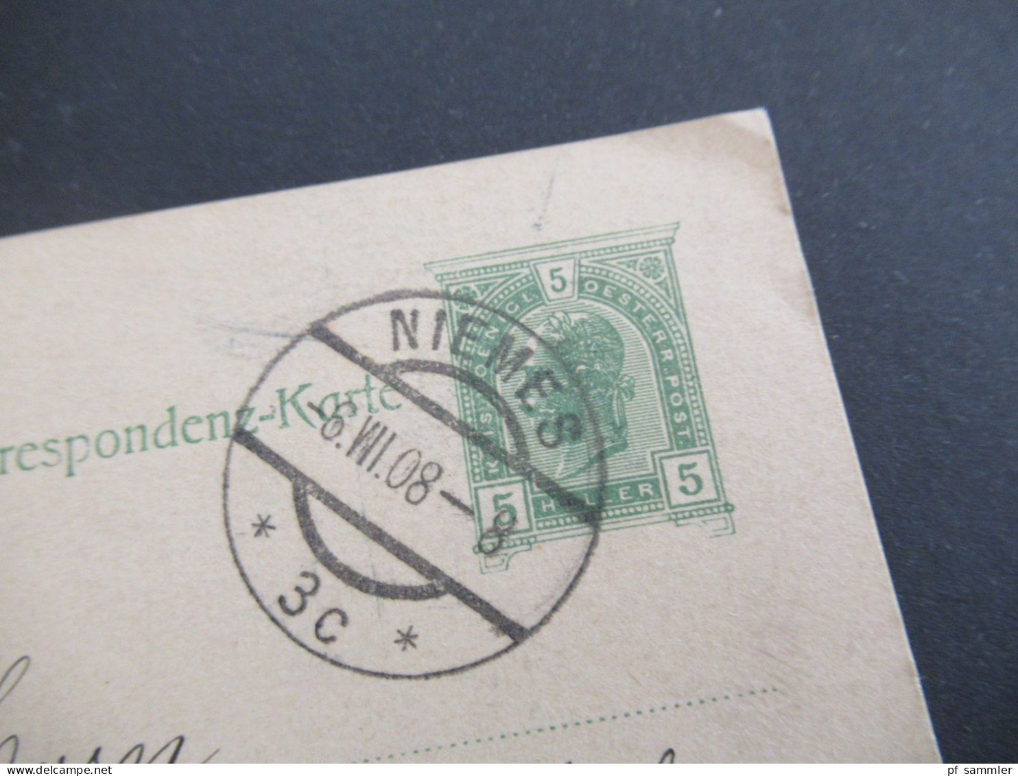 Österreich / Tschechien 1908 Ganzsache 5 Heller Stempel Niemes Heute Mimoň Nach Heppens Bei Wilhelmshaven Mit Ank. Stemp - Briefkaarten