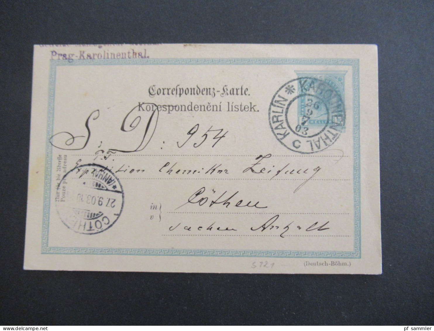 Österreich / Tschechien 1903 GA 5 Heller K2 Karolinenthal Karlin Nach Cöthen Anhalt / Stempel Prag - Karolinenthal - Postkarten