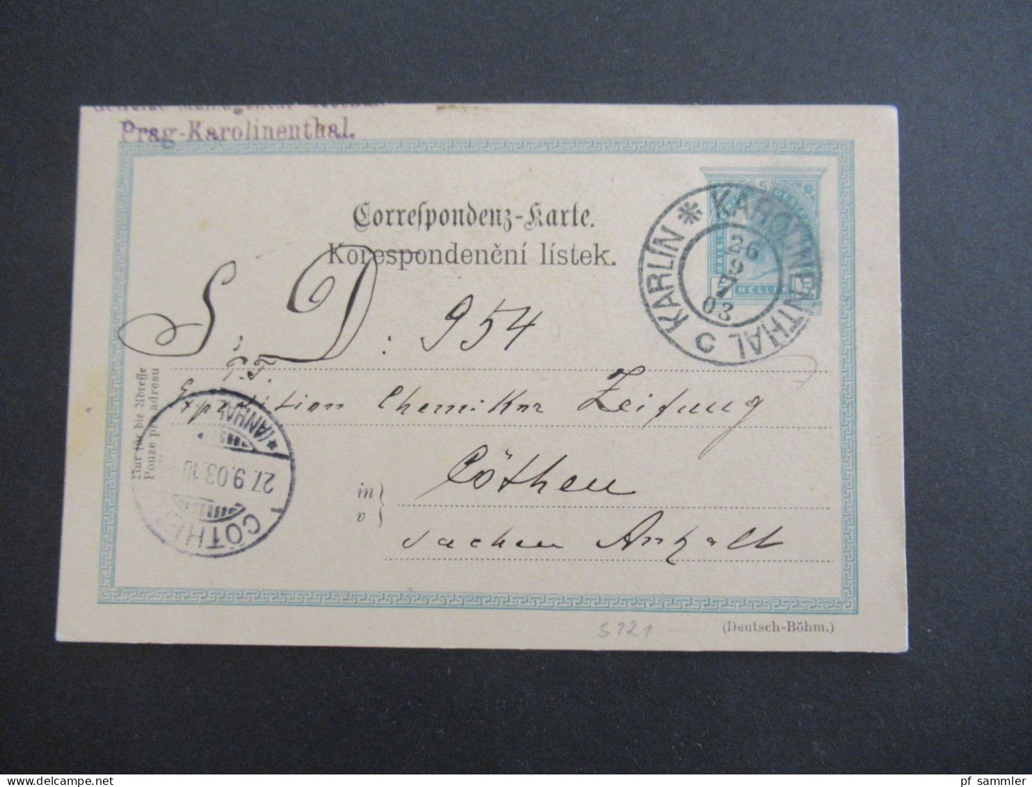 Österreich / Tschechien 1903 GA 5 Heller K2 Karolinenthal Karlin Nach Cöthen Anhalt / Stempel Prag - Karolinenthal - Briefkaarten