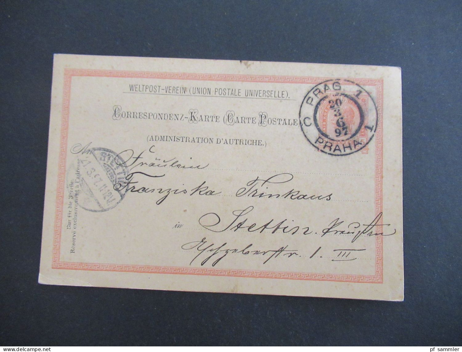 Österreich / Tschechien Weltpostverein UPU 1897 GA 5 Kreuzer K2 Prag 1 Praha 1 Nach Stettin / Prag Königl. Weinberge - Briefkaarten