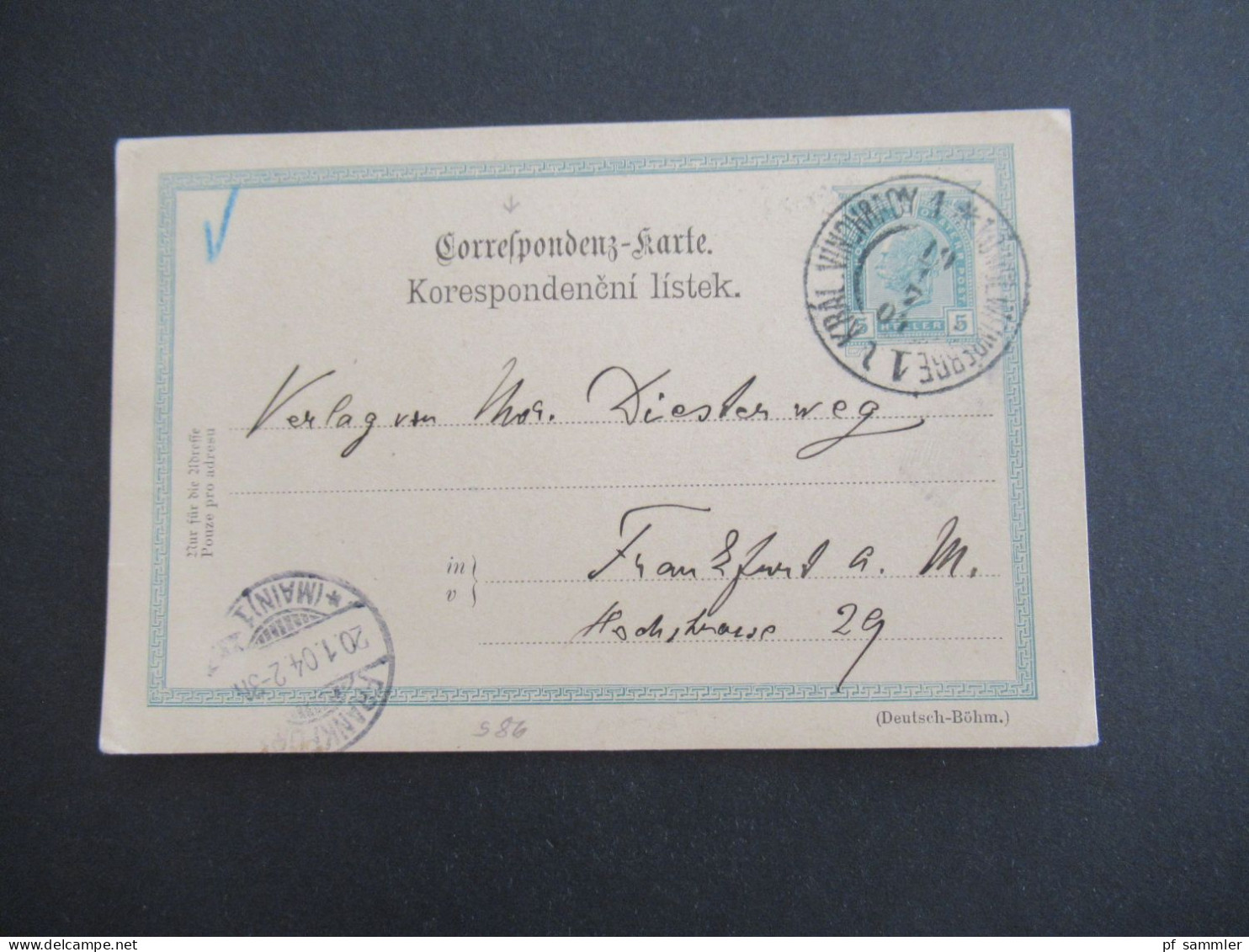Österreich / Tschechien 1904 GA 5 Heller K2 Königliche Weinberge Kral. Vinohrady Nach Frankfurt Gesendet Mit Ank. Stempe - Cartes Postales