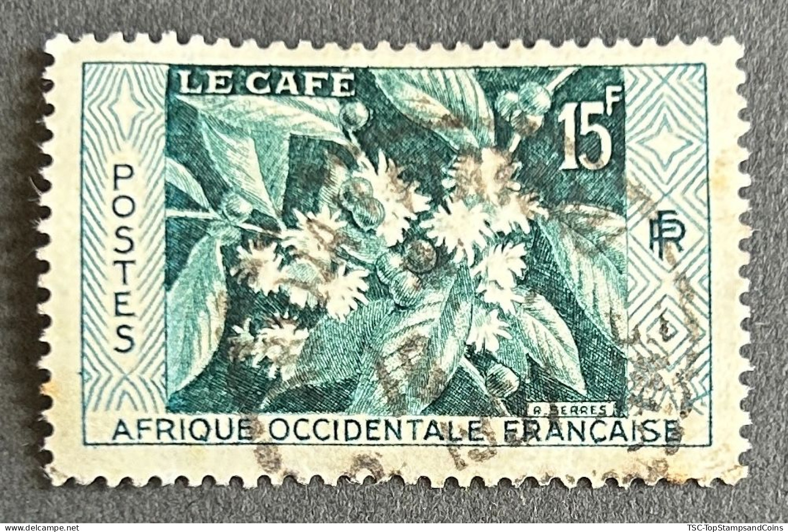 FRAWA0062U1 - Native Products - Coffee Production - 15 F Used Stamp - AOF - 1956 - Usati