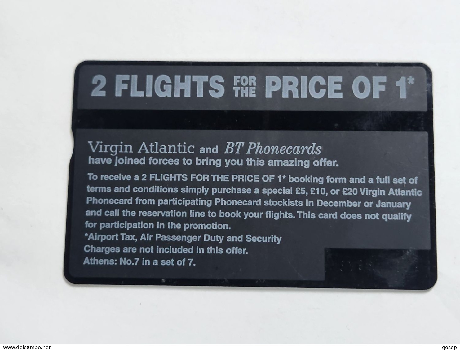 United Kingdom-(BTA141)-Virgin Atlantic-ATHENS-(658)(20units)(570A19649)price Cataloge1.50£-used-1 Card Prepiad Free - BT Emissions Publicitaires