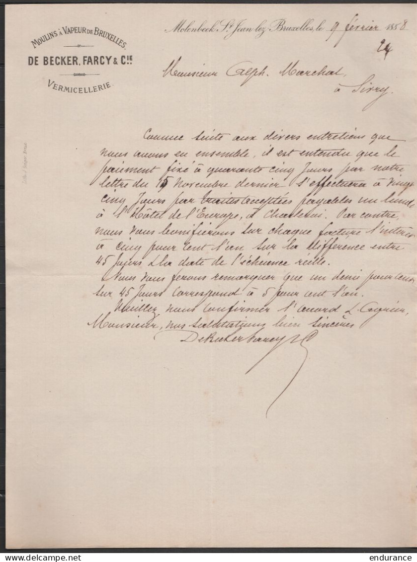Lettre "Moulins à Vapeur De Bruxelles - De Becker, Farcy & Cie" - Molenbeek-St-Jean 9 Février 1858 - Alimentos