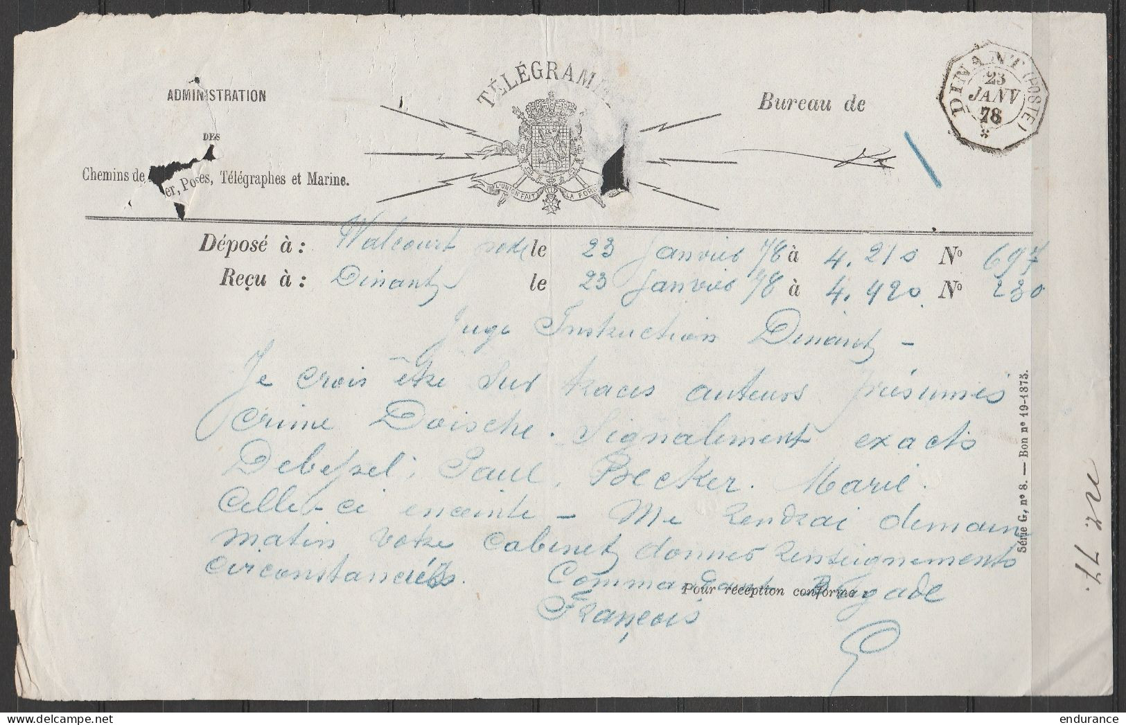 Télégramme Déposé à WALCOURT Càd DINANT (POSTE)/23 JANV 1878 - Telegrams