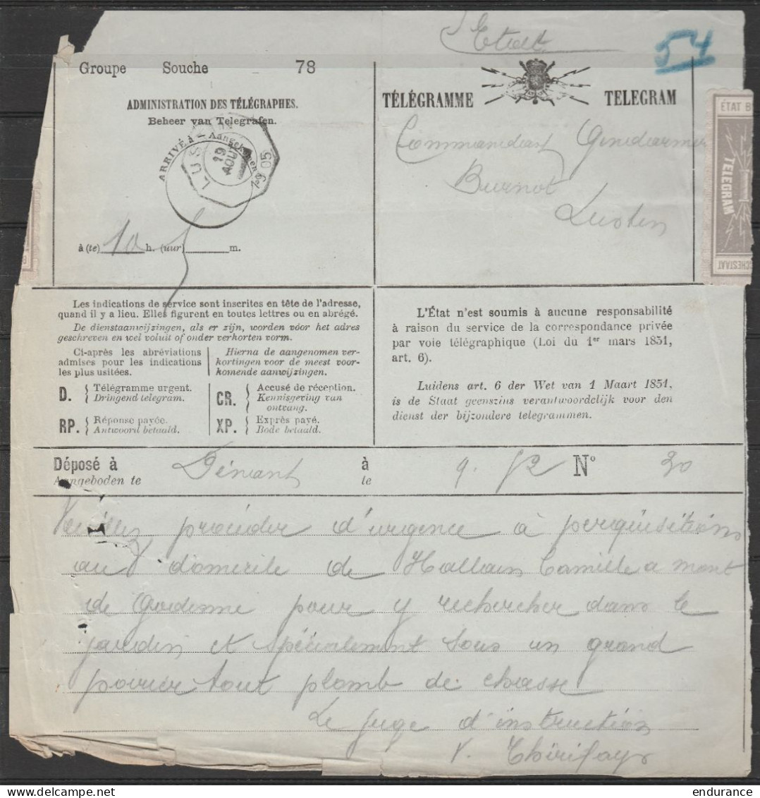 Télégramme De DINANT Càd Octogon. LUSTIN /19 Août 1905 Pour Commandant De Gendarmerie - Telegrammen