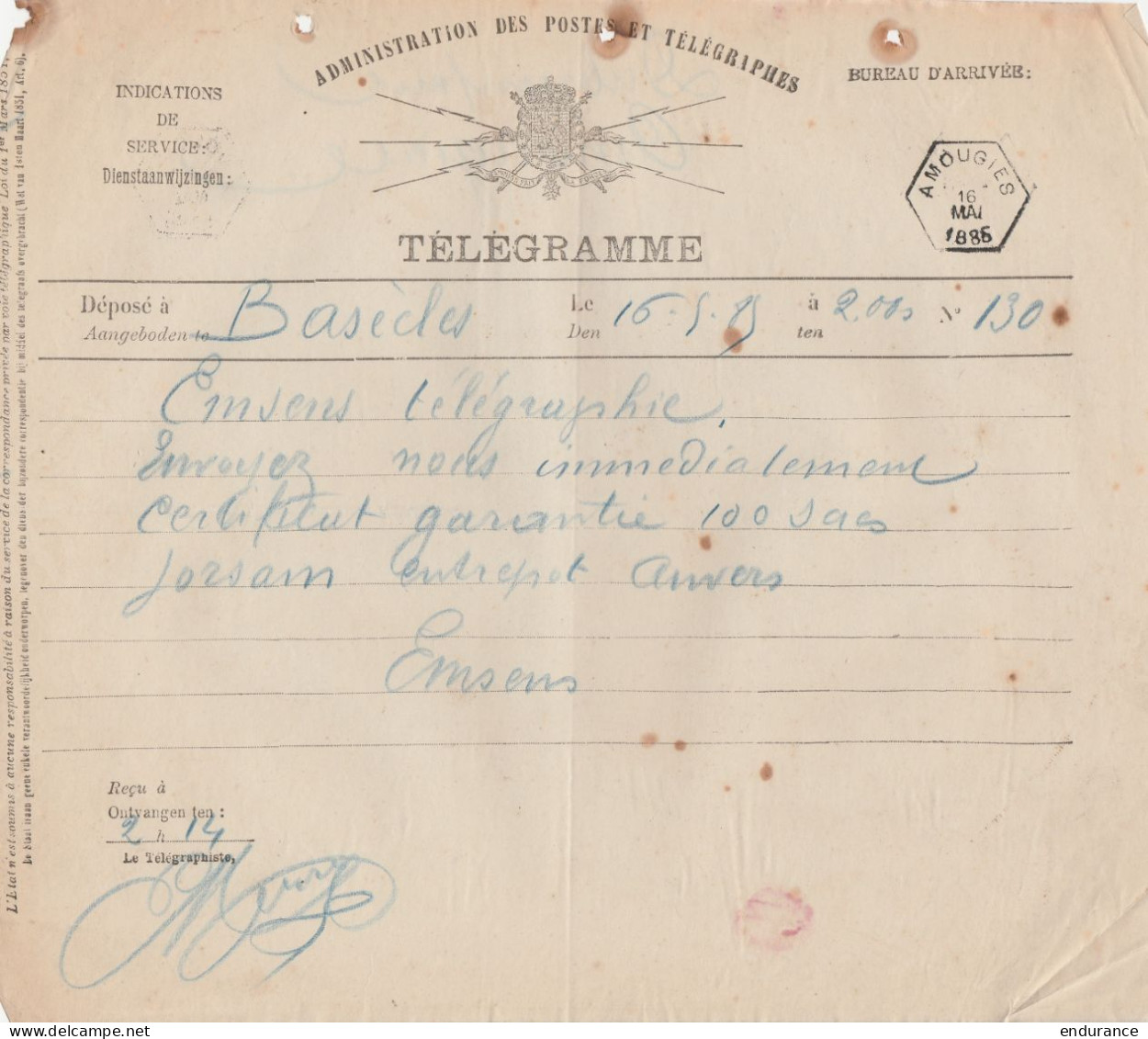 Télégramme De BASECLES Càd Hexagonal AMOUGIES /16 Mai 1885 - Telegrams