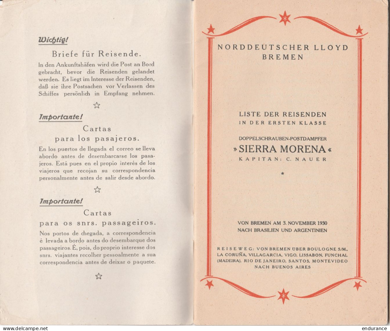 Annuaire Des Voyageurs - Voyage Du Paquebot "Sierra Modena" De BREMEN Vers Brésil Et Argentine 3 Nov 1930 (verzeichnis D - Autres & Non Classés