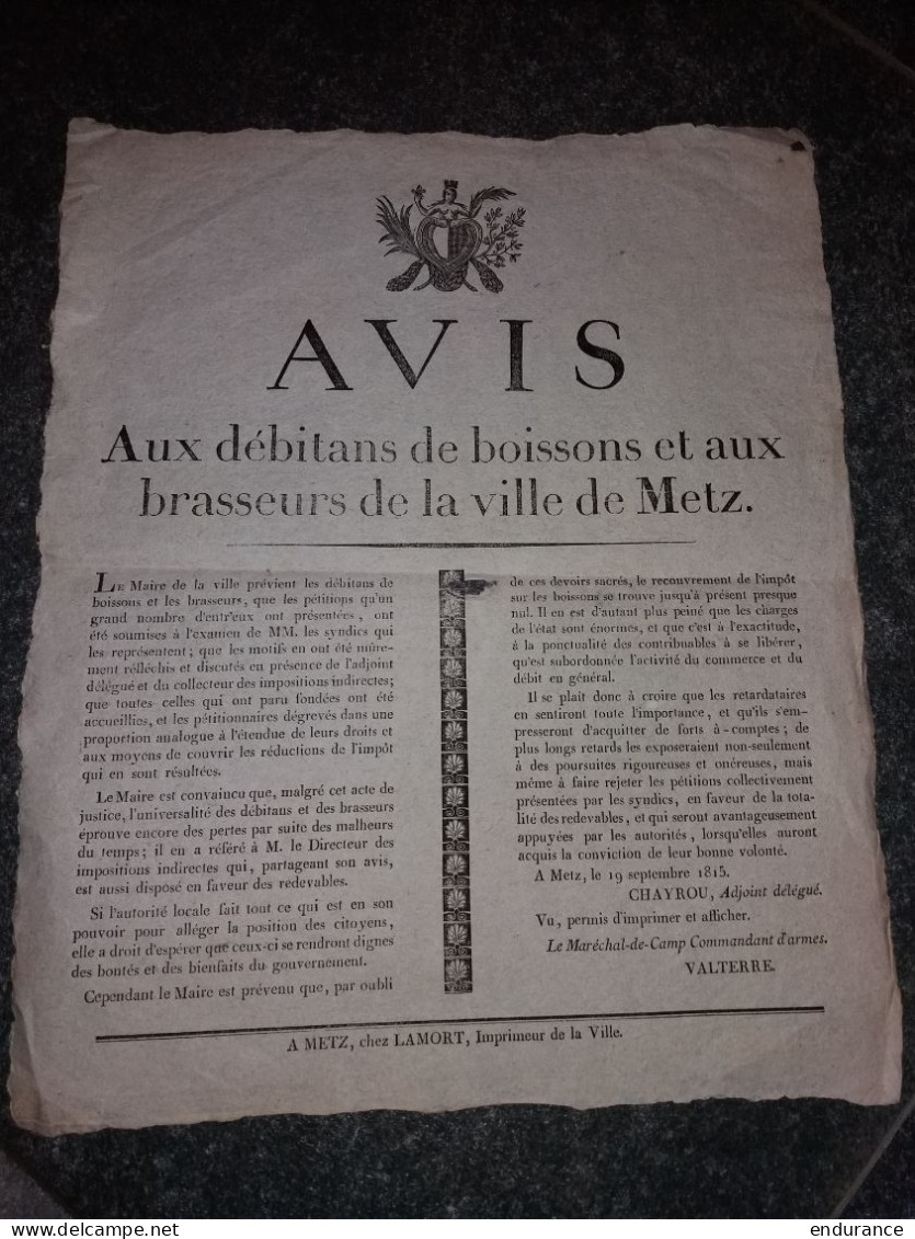 Avis Aux Débitants De Boissons Et Aux Brasseurs De La Ville De Metz - 19 Septembre 1815 - Decrees & Laws