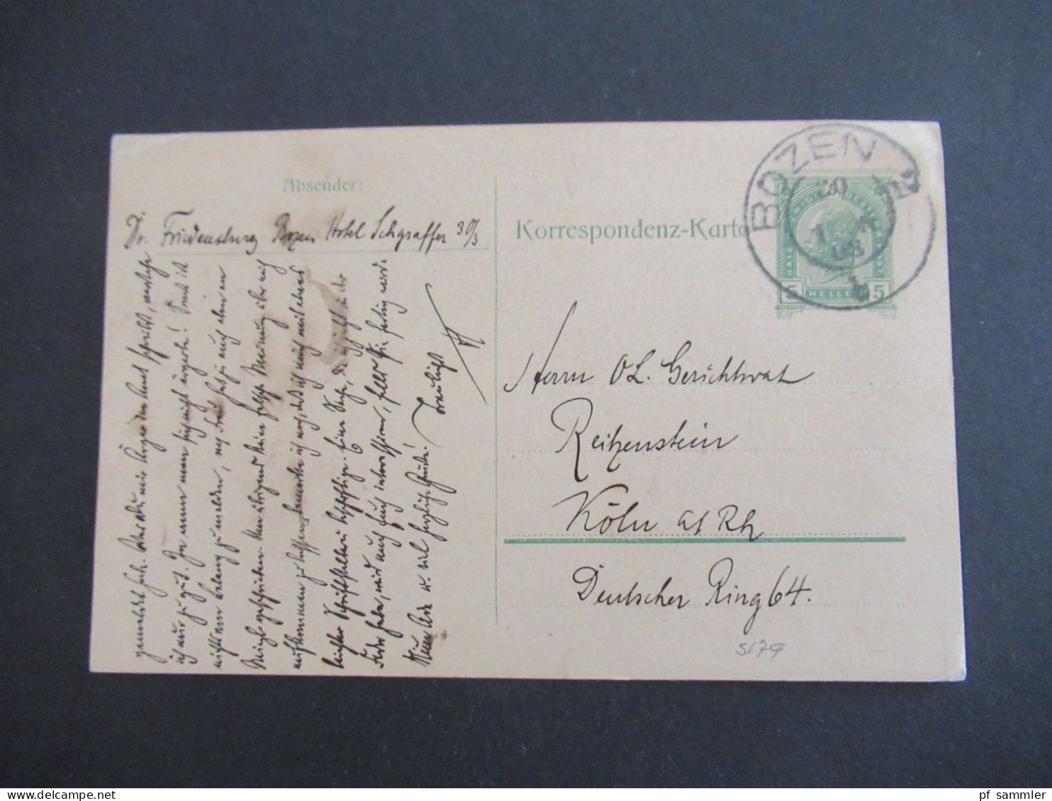 Österreich 1908 GA 5 Heller K2 Bozen 2 Nach Köln Am Rhein Deutscher Ring 64 Mit Viel Text / Inhalt - Briefkaarten