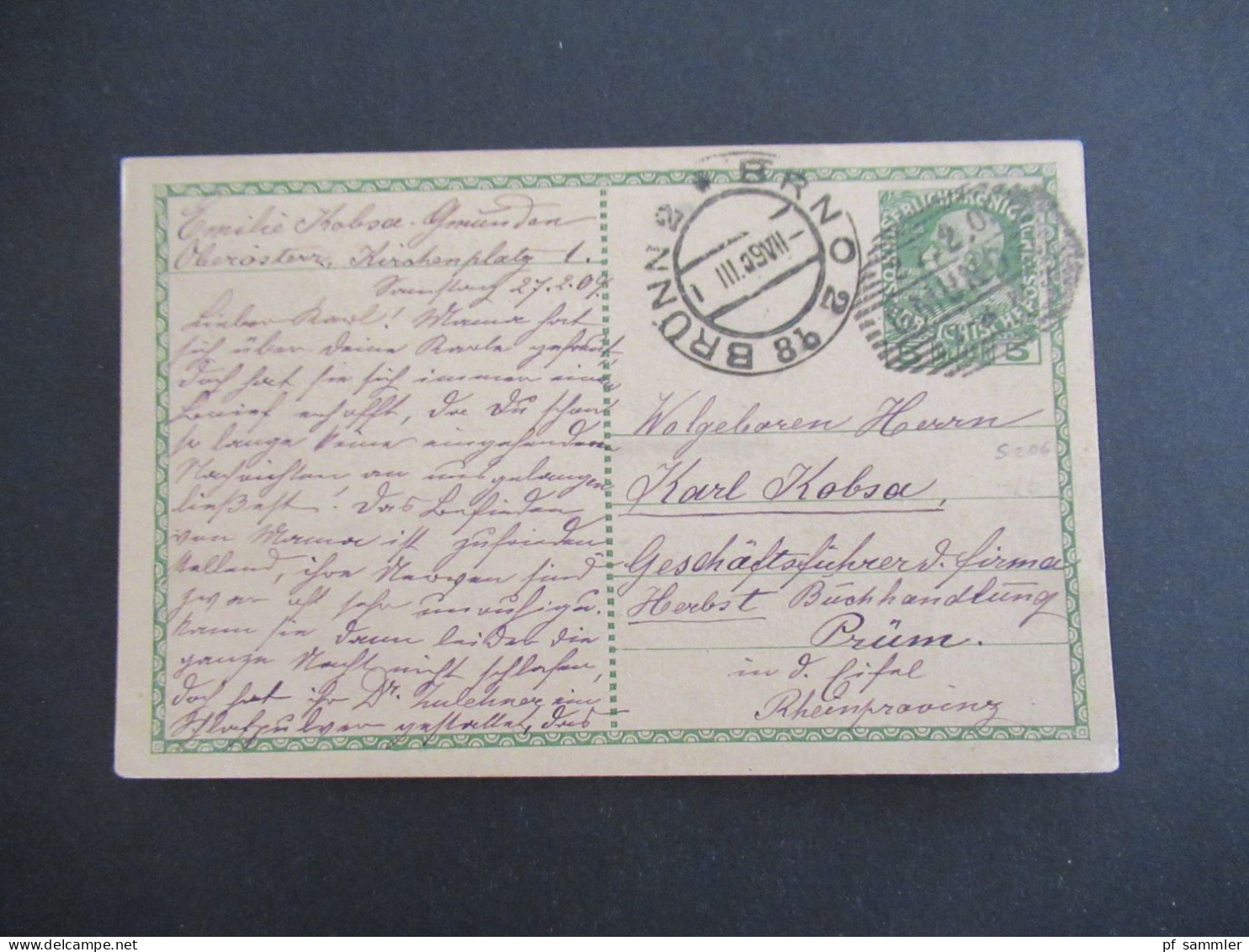 Österreich 1909 GA 5 Heller Strichstempel Gmünd Nach Brünn Mit Ank. Stempel Brünn 2 Brno 2 Mit Viel Text / Inhalt! - Postkarten