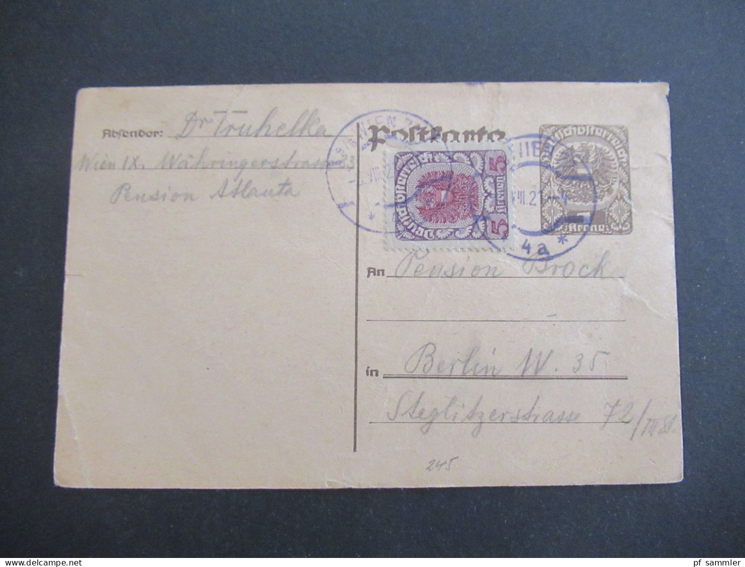 Österreich 1921 Deutschösterreich 1 Krone Mit Zusatzfrankatur 5 Kronen Auslands PK Wien - Berlin - Cartoline