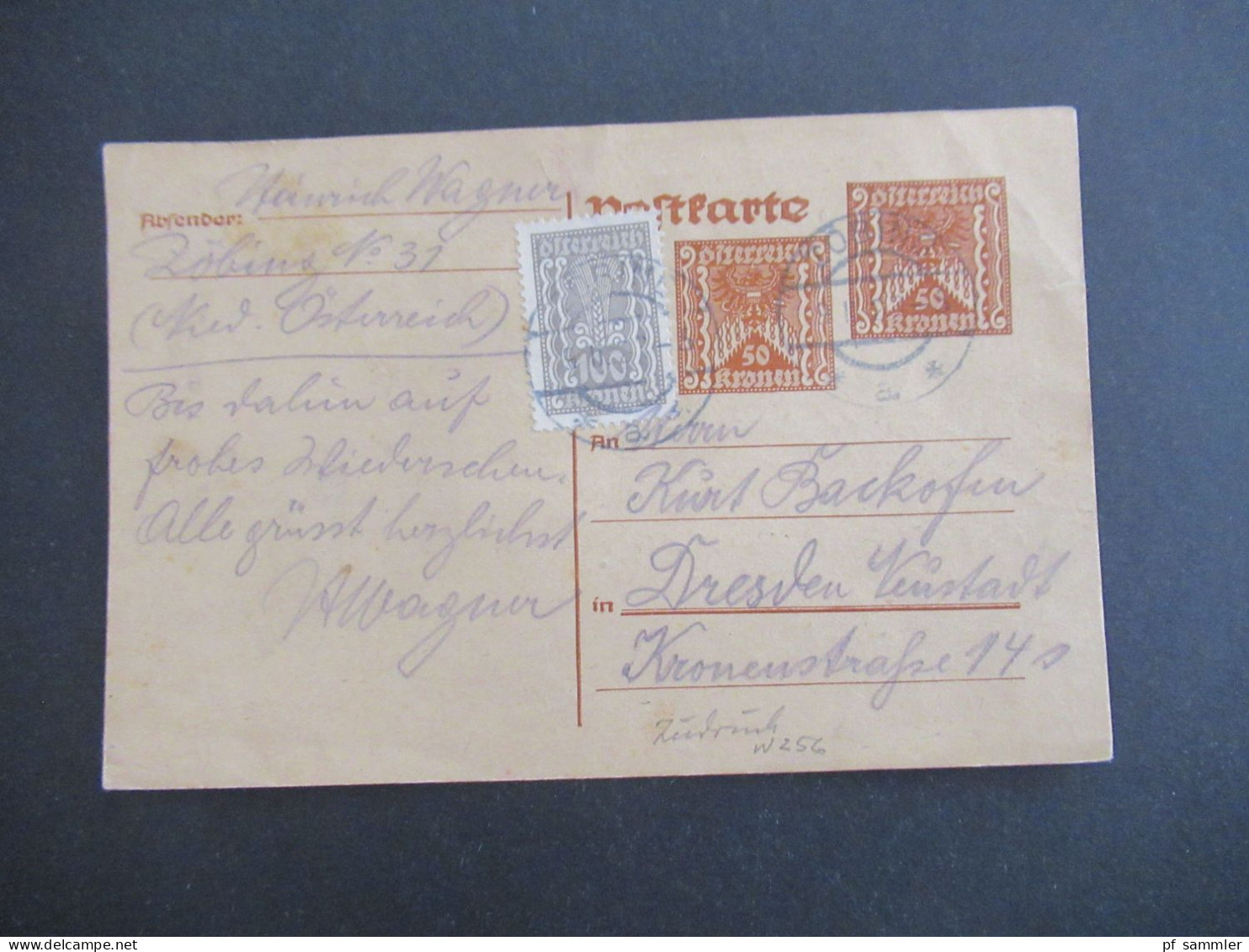 Österreich 1922 Inflation Ganzsache 2x 50 Kronen Mit Zusatzfrankatur 100 Kronen Stempel Zöbing Nach Dresden - Tarjetas